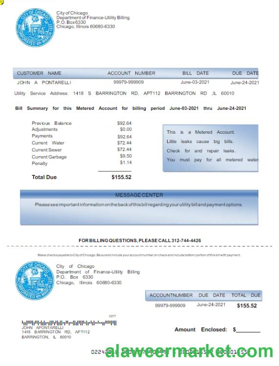 USA CITY OF CHICAGO utility bill Word and PDF template
